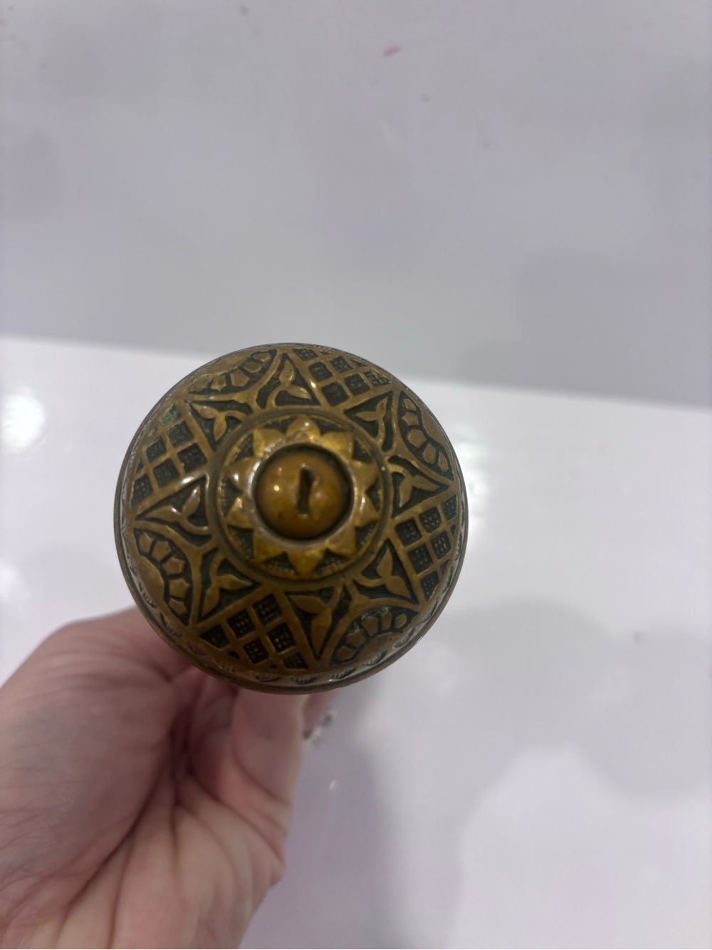 Antique Victorian eastlake cast brass door knob set w original spindle & rosette